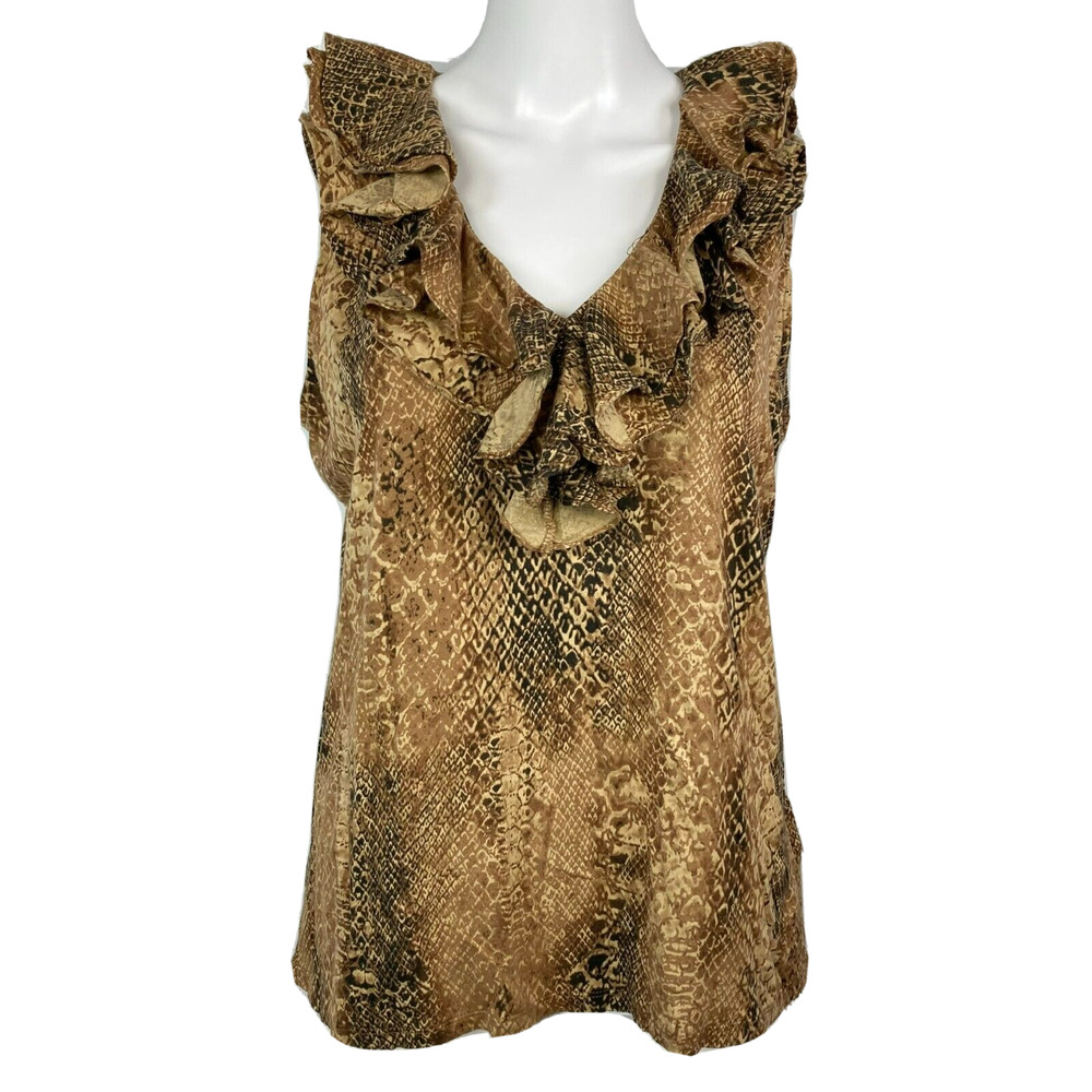 Lauren‎ Ralph Lauren Tank Shirt Womens L  Brown Cotton Snake Print V Neck Ruffle